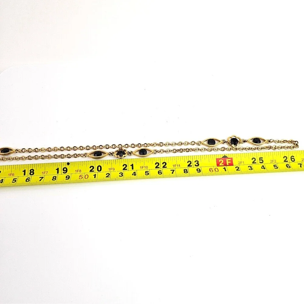 Vintage Long Gold Tone Necklace Black Faceted 52 inch and Bracelet Bezel Setting